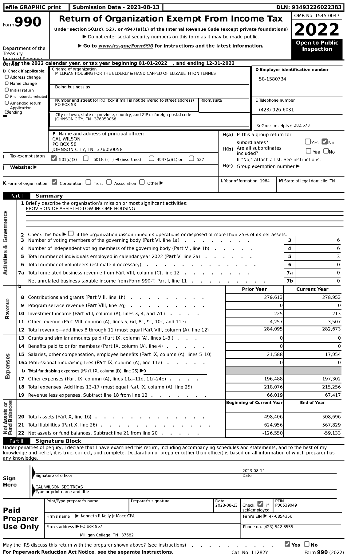 Image of first page of 2022 Form 990 for Milligan Housing for the Elderly and Handicapped of Elizabethton Tennessee