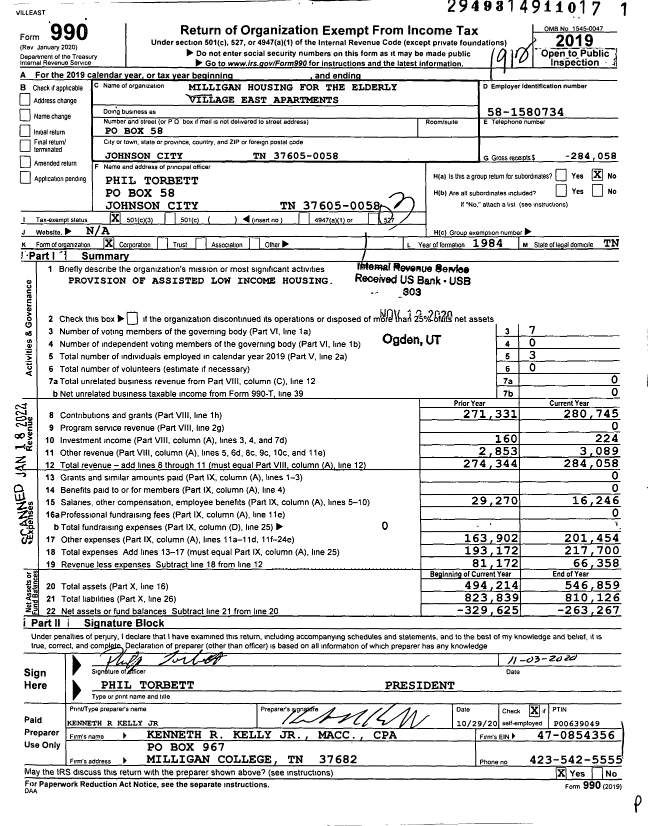 Image of first page of 2019 Form 990 for Milligan Housing for the Elderly and Handicapped of Elizabethton Tennessee