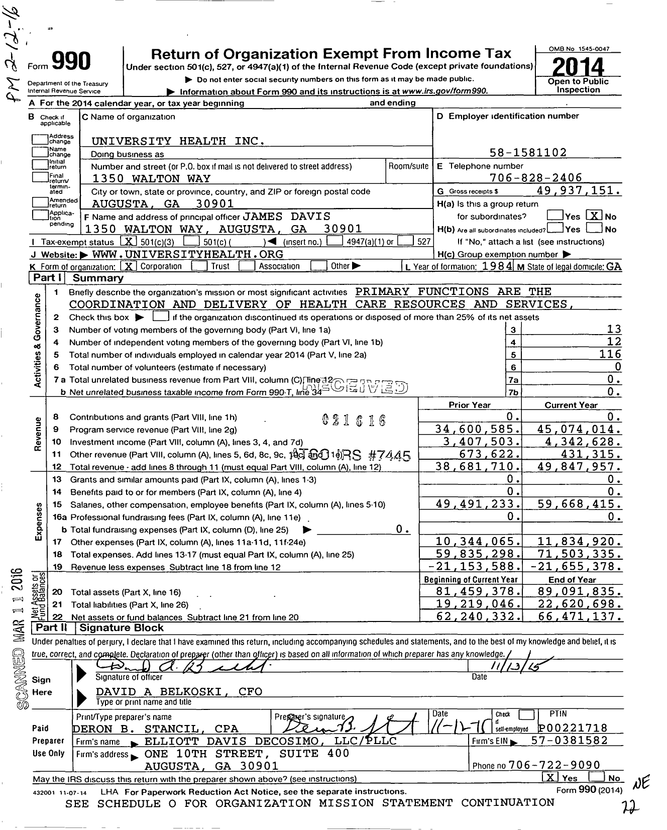 Image of first page of 2014 Form 990 for University Health