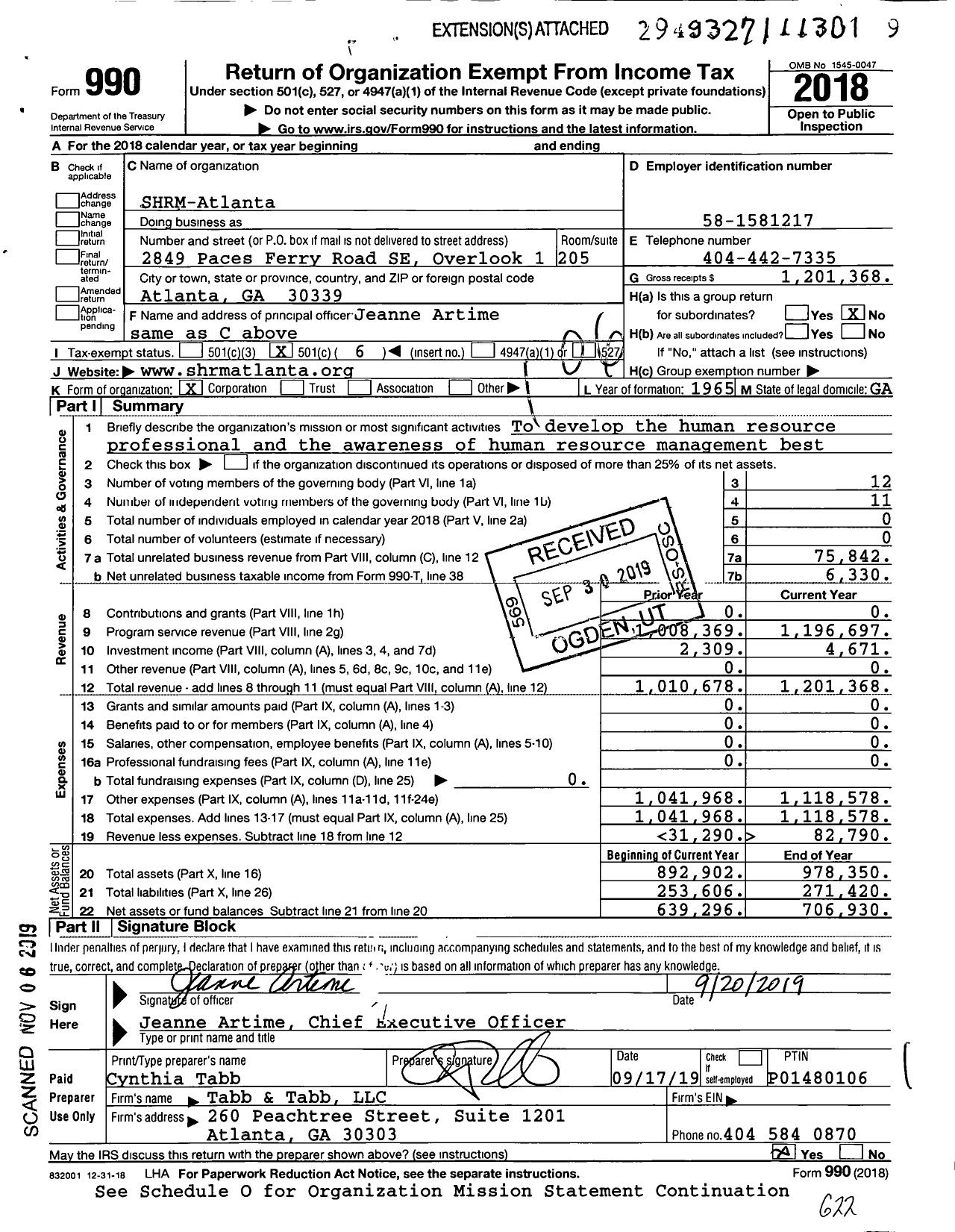 Image of first page of 2018 Form 990O for Society for Human Resource Management SHRM-Atlanta