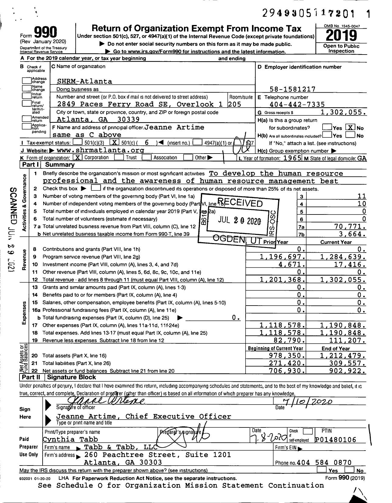 Image of first page of 2019 Form 990O for Society for Human Resource Management SHRM-Atlanta