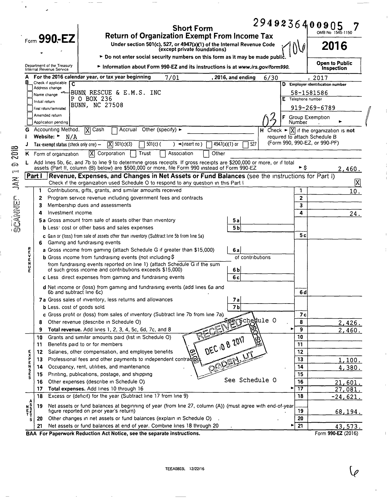 Image of first page of 2016 Form 990EZ for Bunn School District Rescue Service