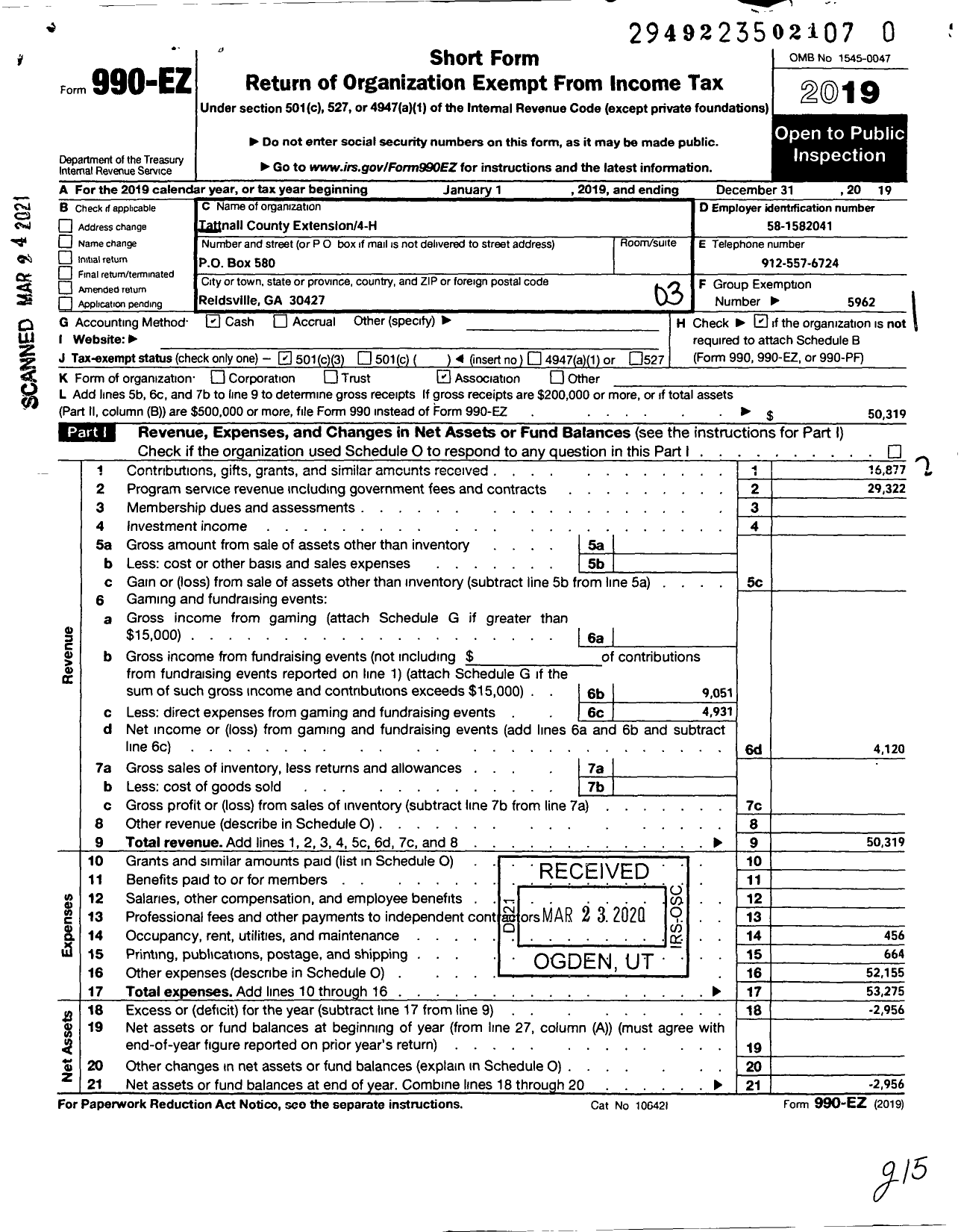 Image of first page of 2019 Form 990EZ for Georgia Extension 4-H Foundation / Tattnall County Extension 4-H