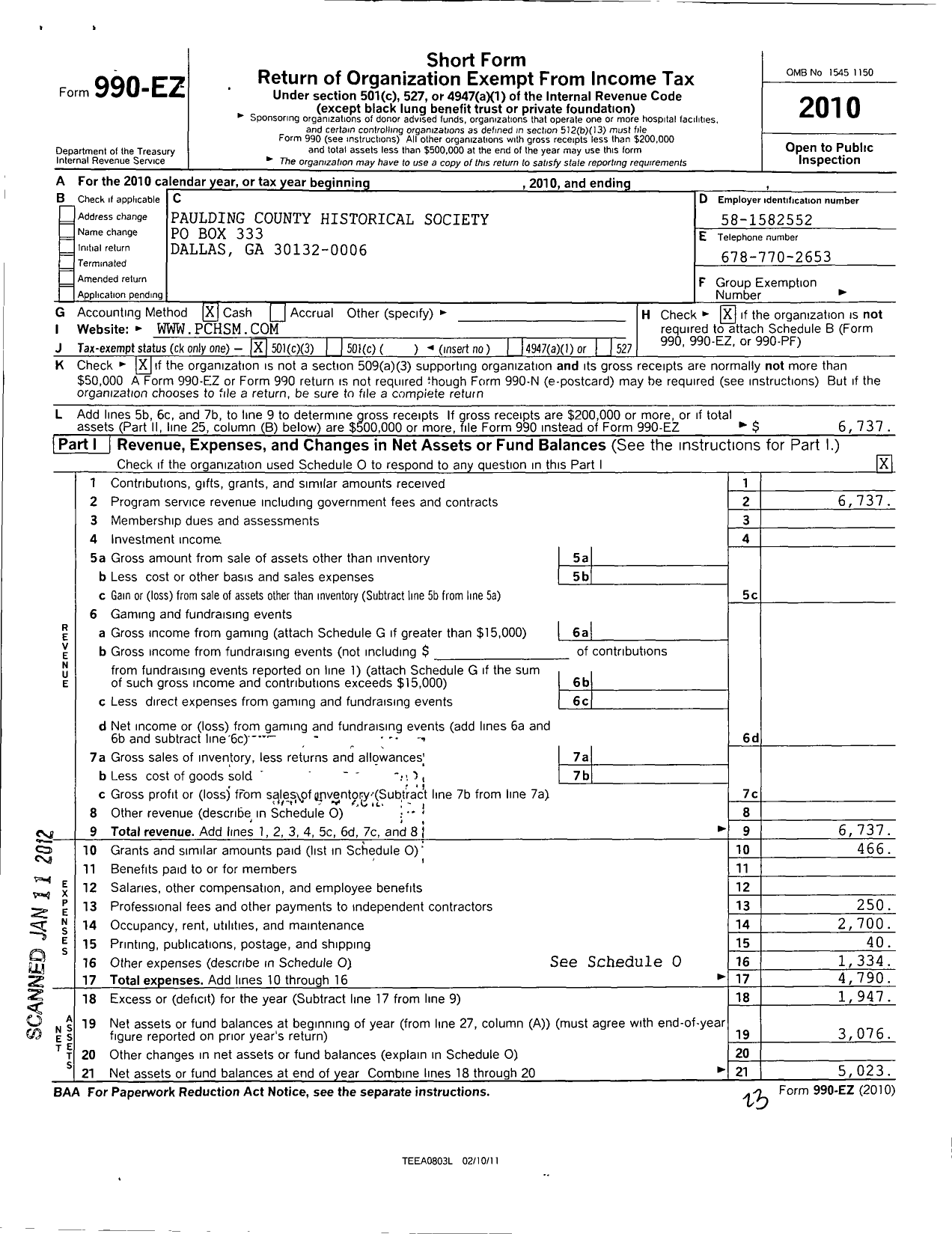 Image of first page of 2010 Form 990EZ for Paulding County Historical Society