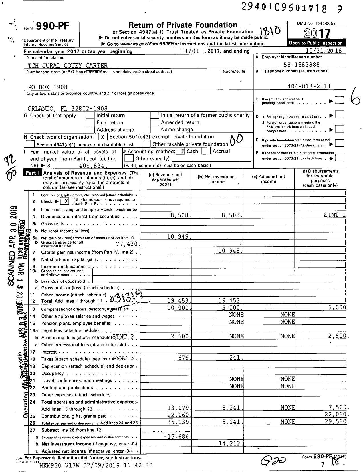 Image of first page of 2017 Form 990PF for TCH Jural Couey Carter