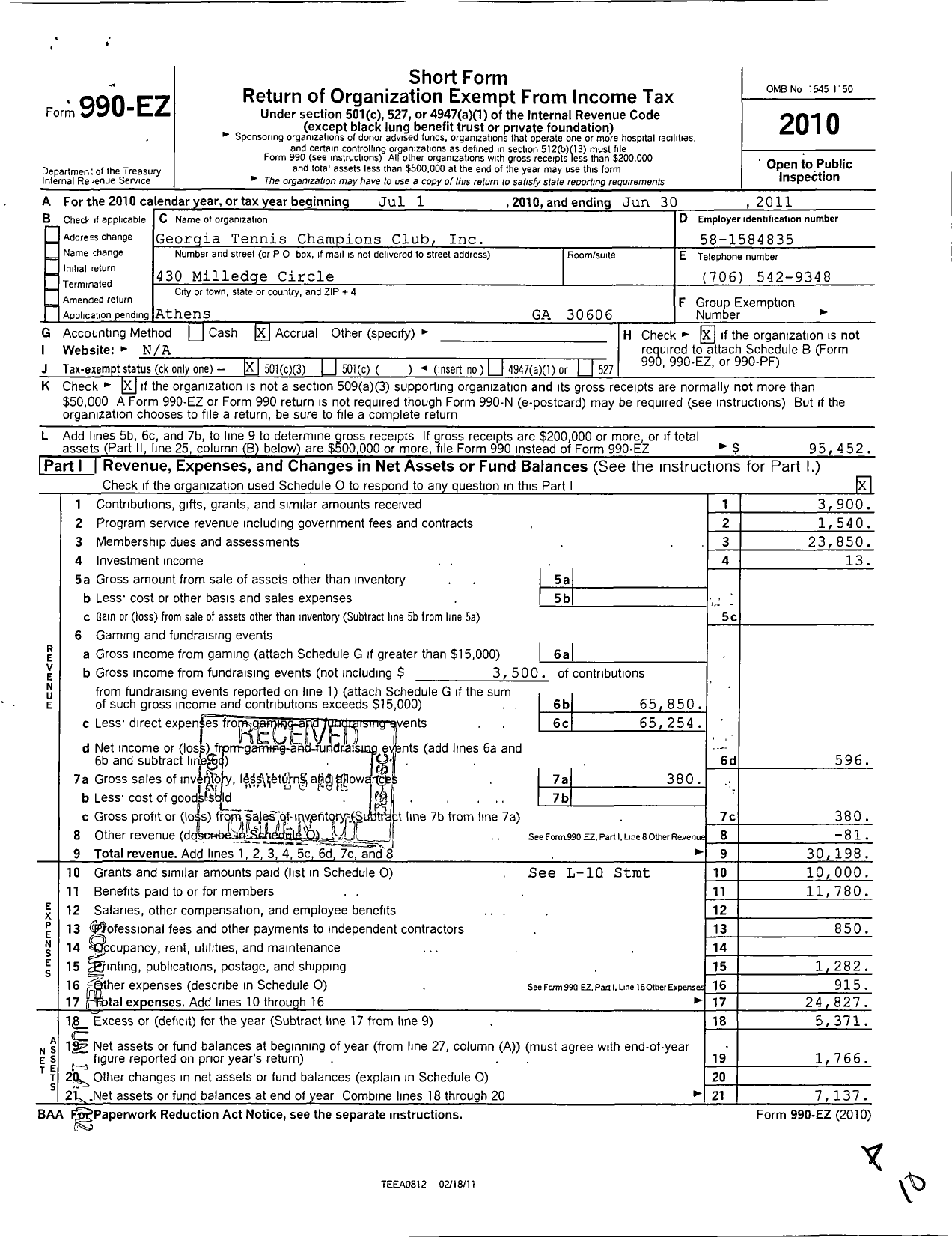 Image of first page of 2010 Form 990EZ for Georgia Tennis Champions Club