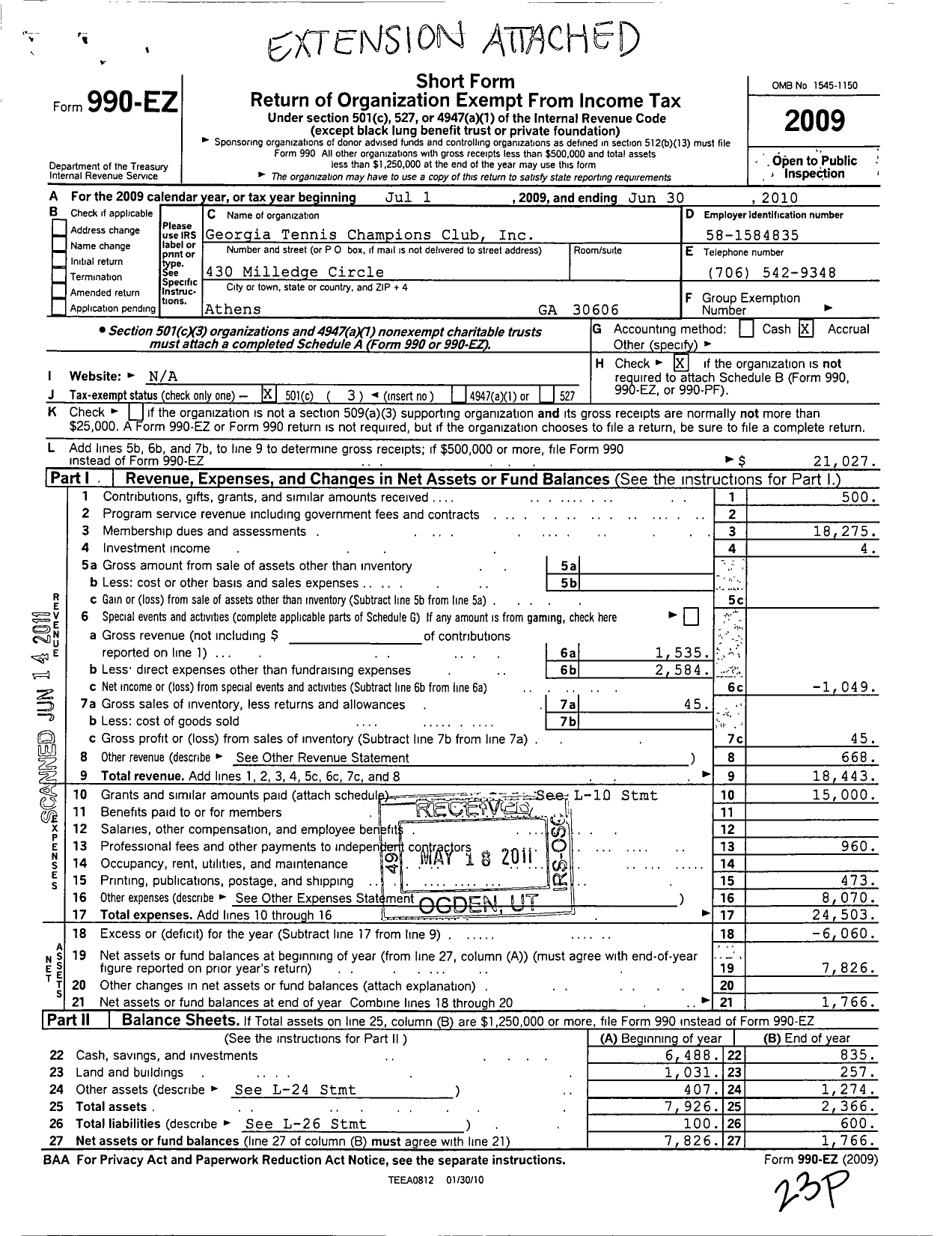 Image of first page of 2009 Form 990EZ for Georgia Tennis Champions Club