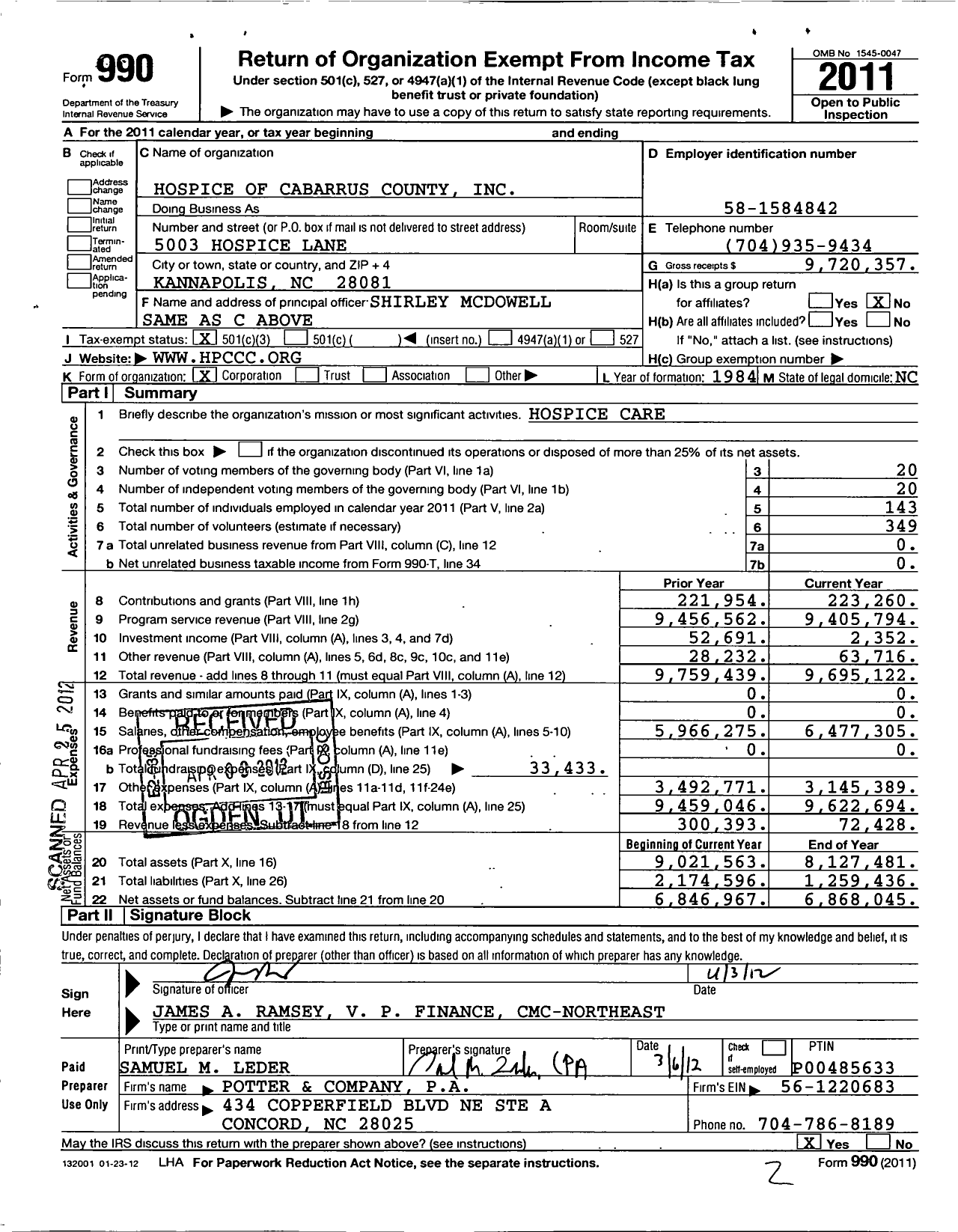 Image of first page of 2011 Form 990 for Hospice of Cabarrus County