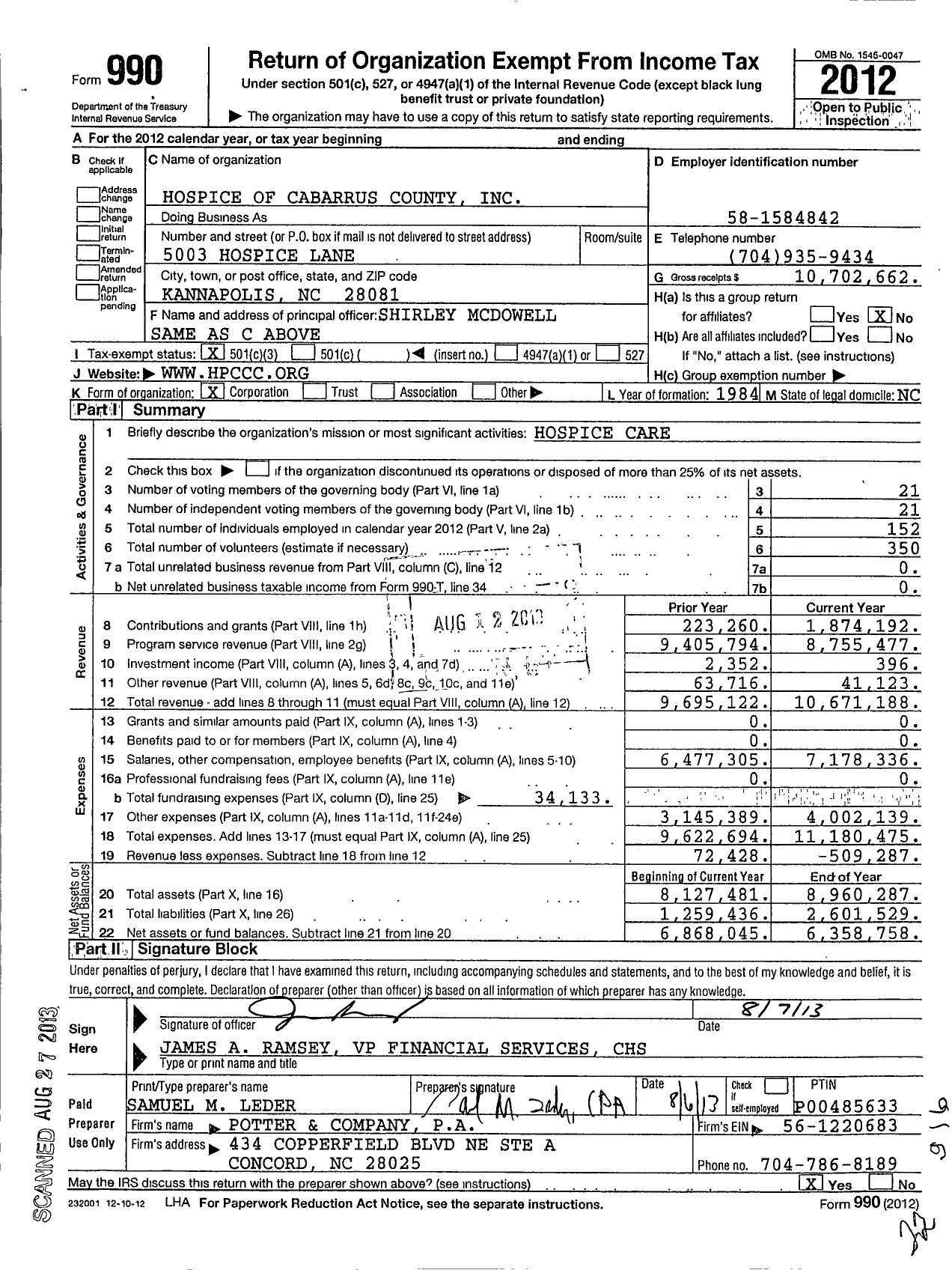 Image of first page of 2012 Form 990 for Hospice of Cabarrus County