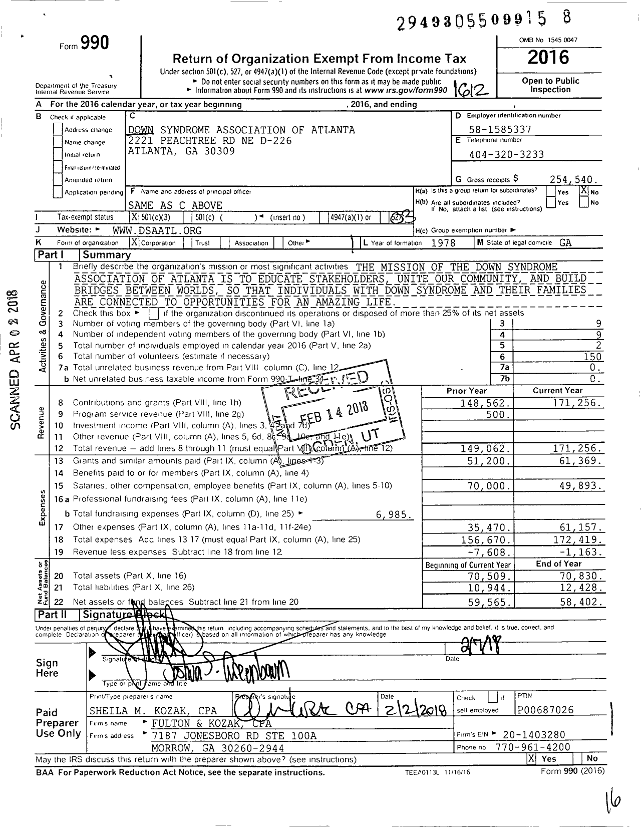 Image of first page of 2016 Form 990 for Down Syndrome Association of Atlanta