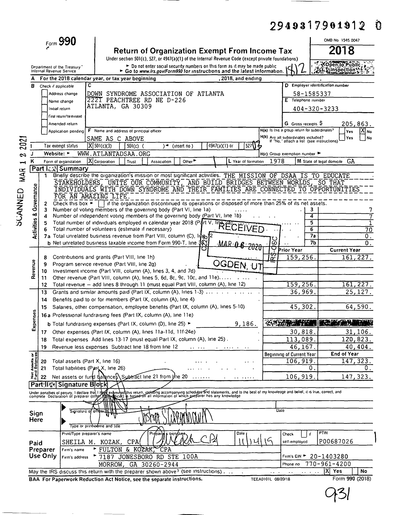 Image of first page of 2018 Form 990 for Down Syndrome Association of Atlanta