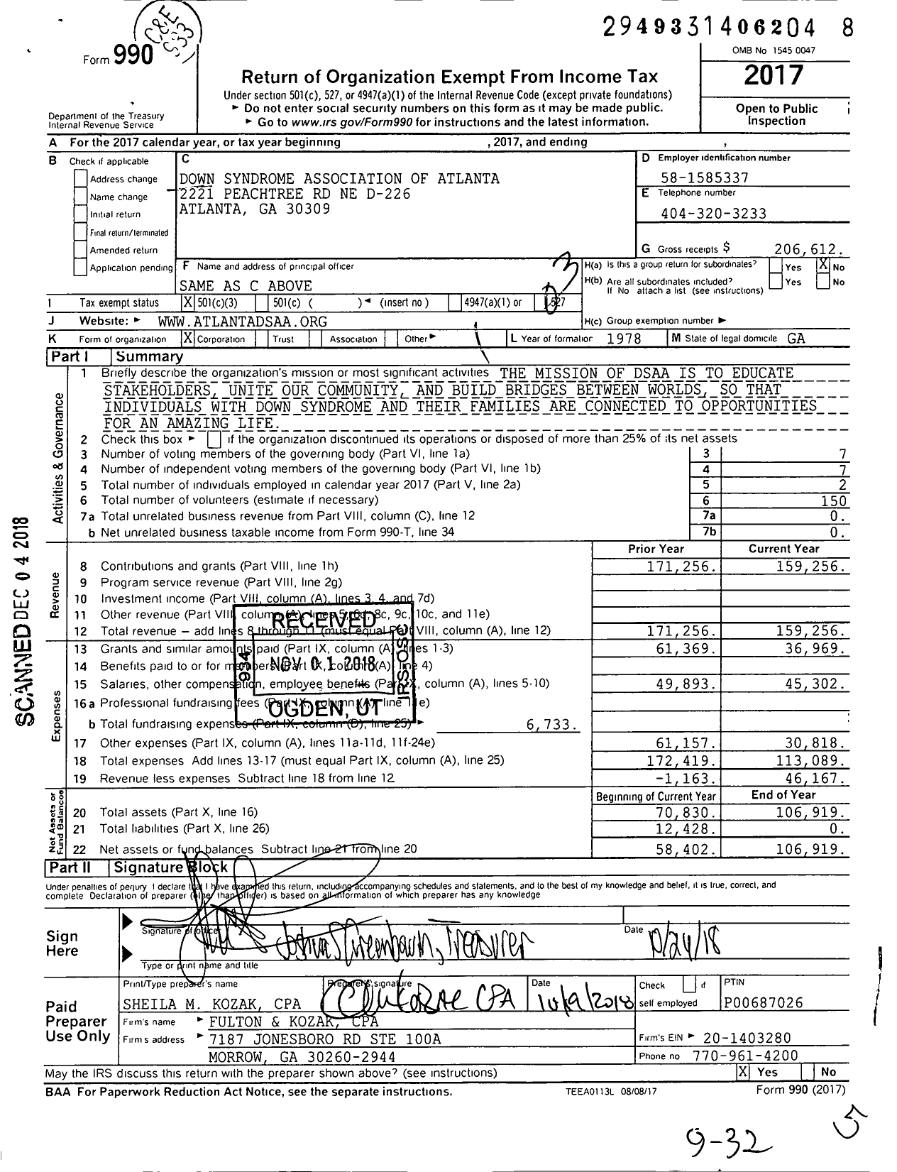 Image of first page of 2017 Form 990 for Down Syndrome Association of Atlanta