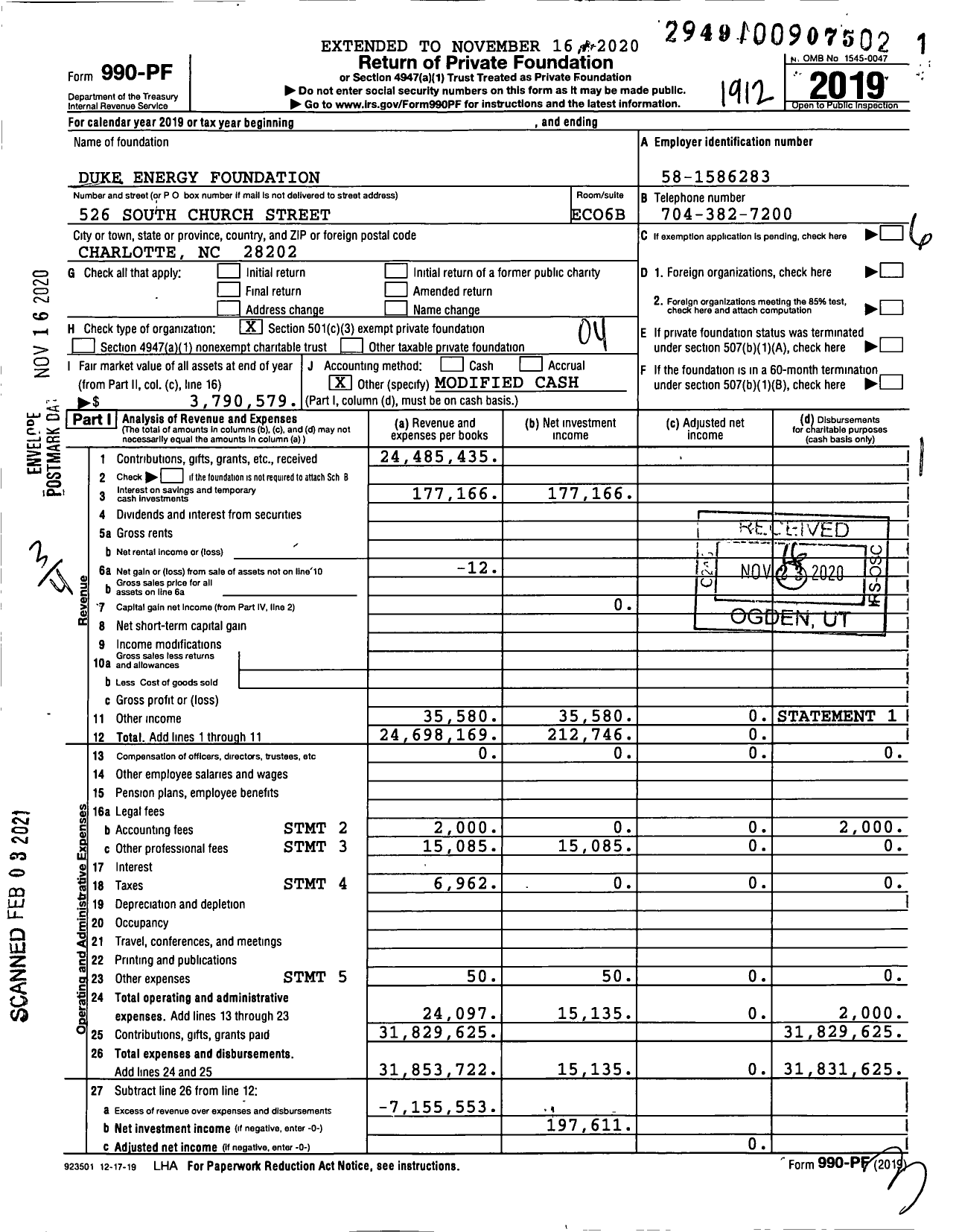 Image of first page of 2019 Form 990PF for Duke Energy Foundation