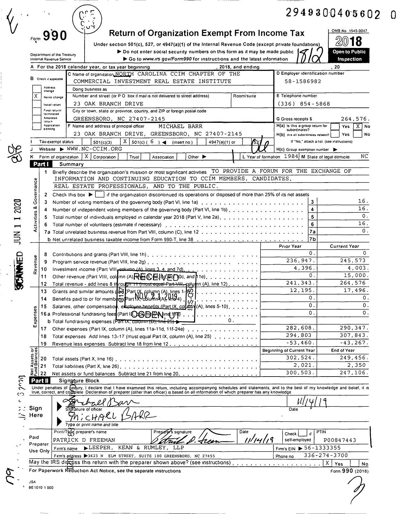 Image of first page of 2018 Form 990O for North Carolina Ccim Chapter of the Commercial Investment Real Estate Institute