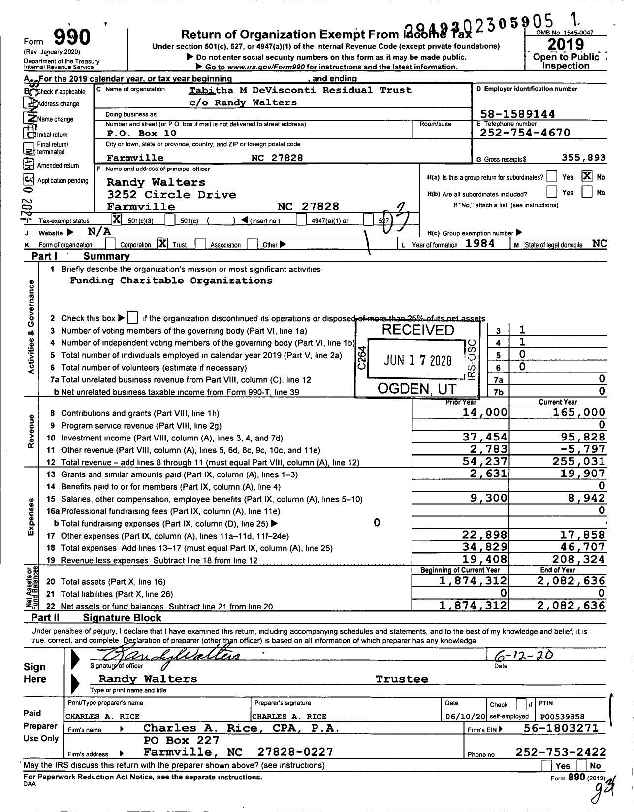 Image of first page of 2019 Form 990 for Tabitha M Devisconti Residual Trust