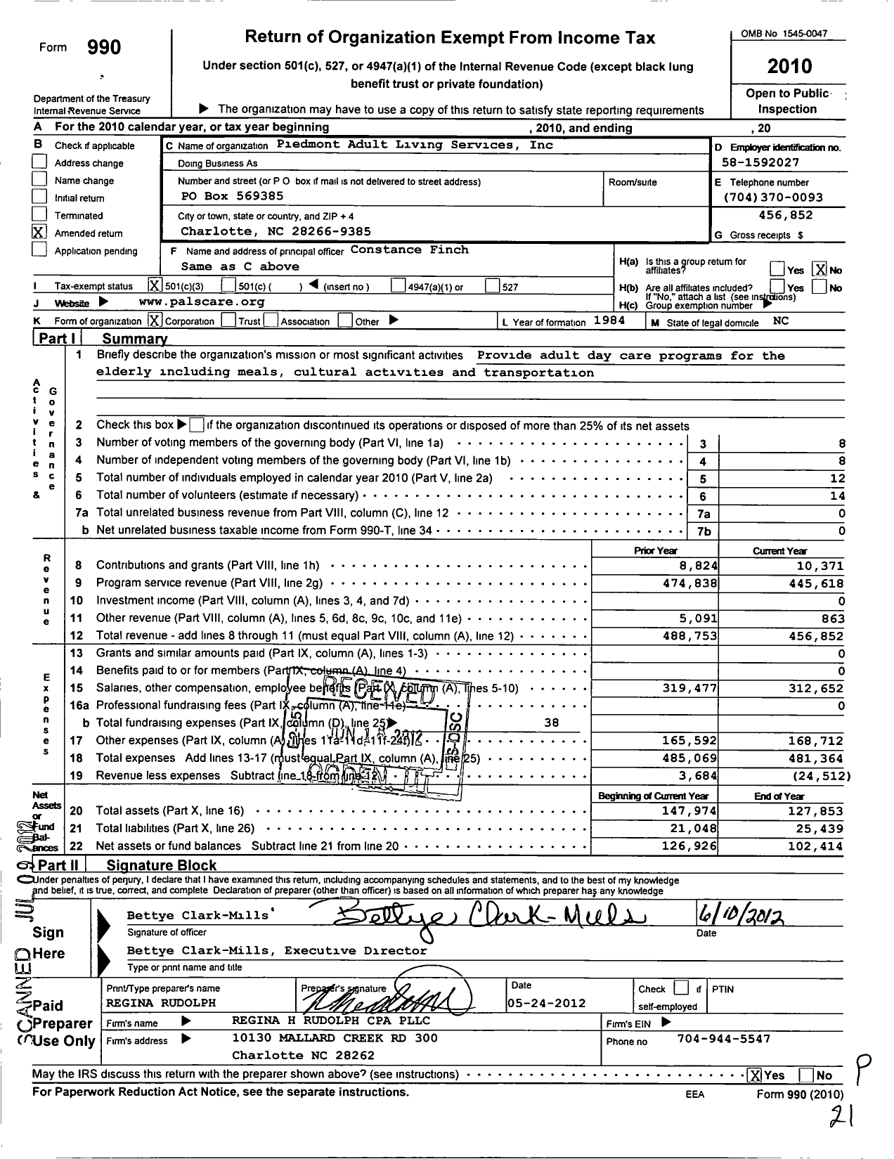 Image of first page of 2010 Form 990 for Piedmont Adult Living Services