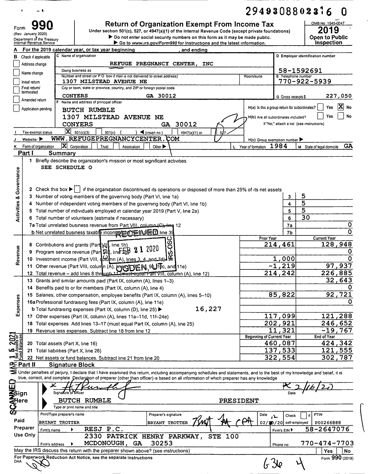 Image of first page of 2019 Form 990 for Refuge Pregnancy Center