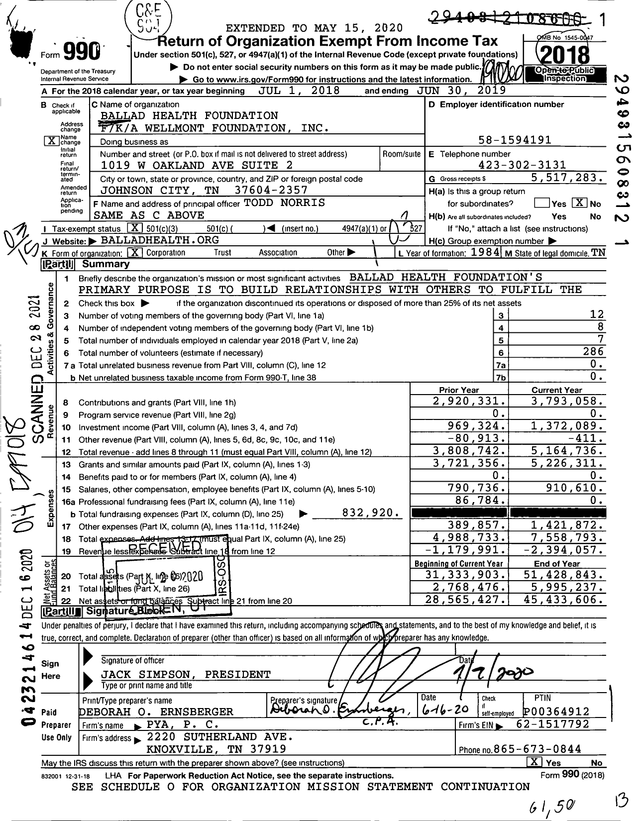 Image of first page of 2018 Form 990 for Ballad Health Foundation