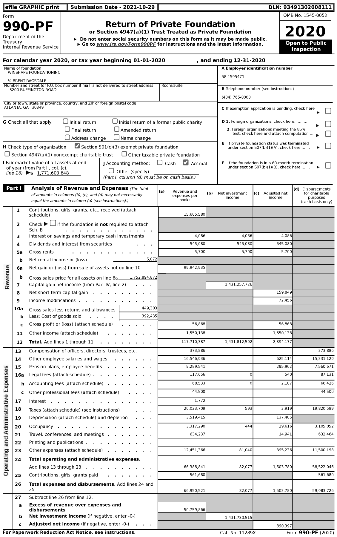 Image of first page of 2020 Form 990PF for Winshape Foundation