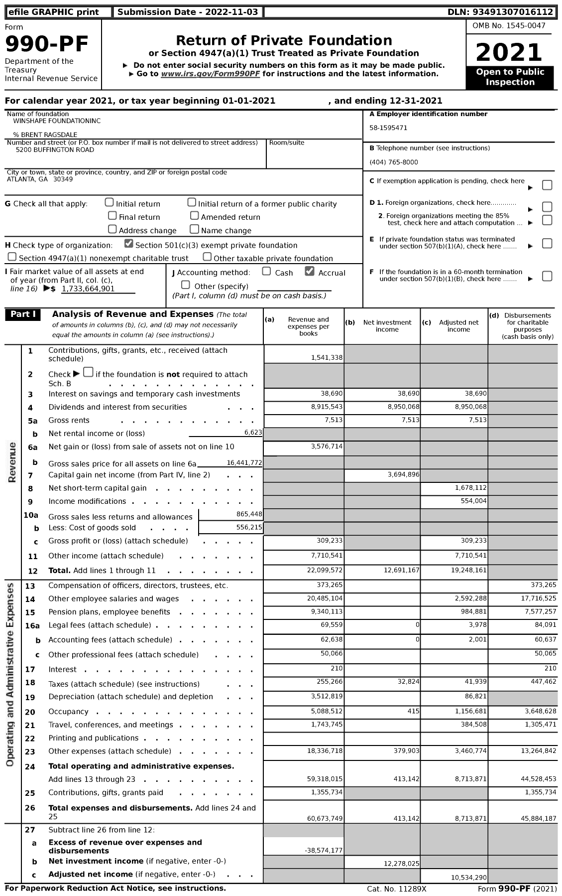 Image of first page of 2021 Form 990PF for Winshape Foundation