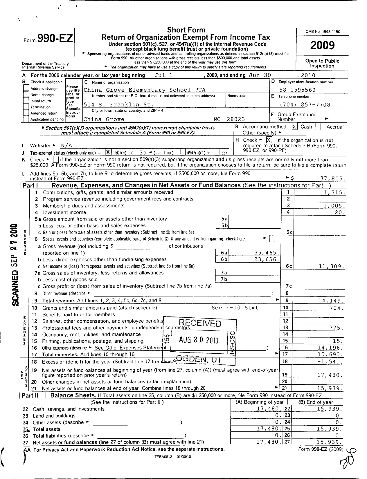 Image of first page of 2009 Form 990EZ for North Carolina PTA - China Grove Elementary PTA