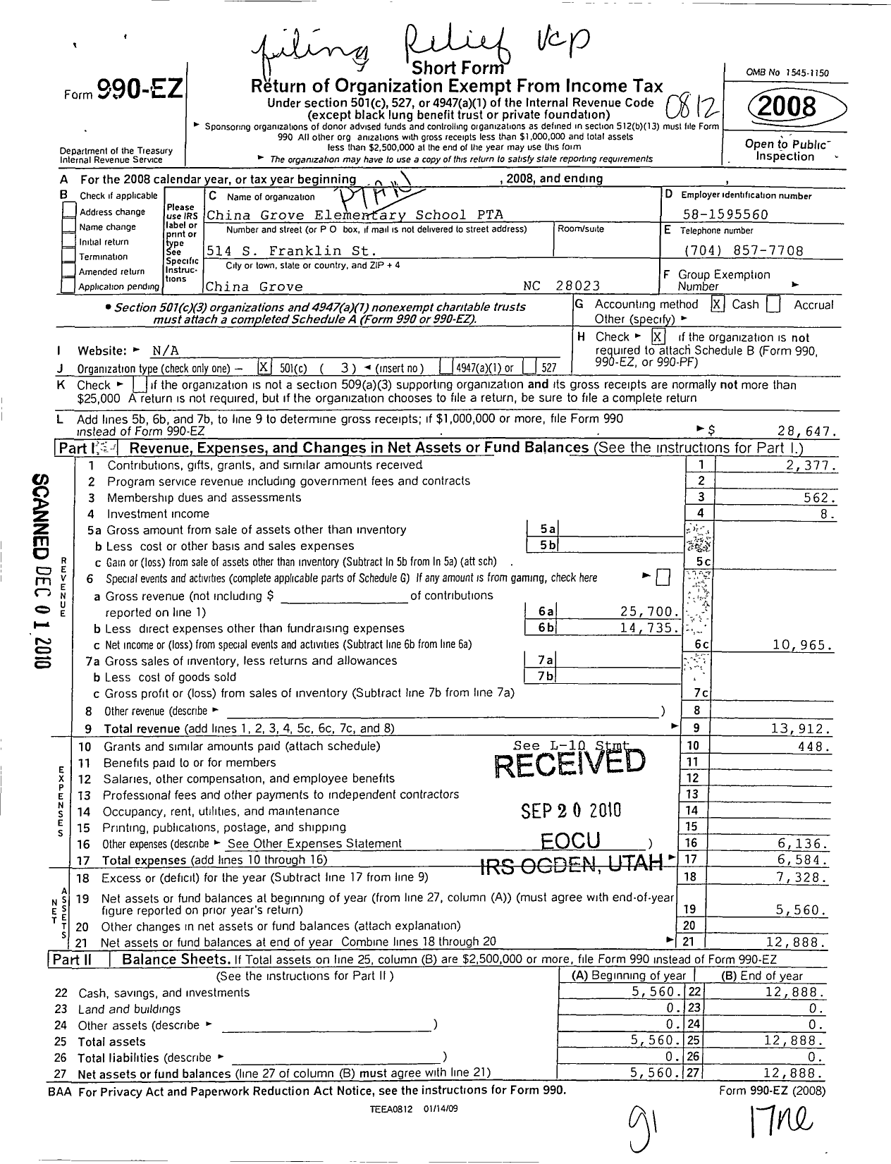 Image of first page of 2008 Form 990EZ for North Carolina PTA - China Grove Elementary PTA