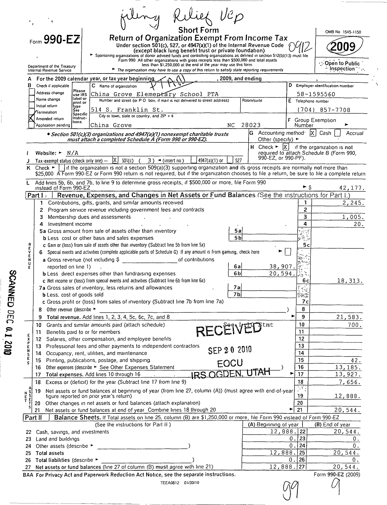 Image of first page of 2009 Form 990EZ for North Carolina PTA - China Grove Elementary PTA