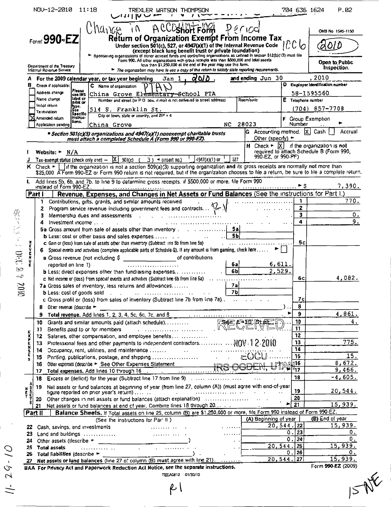 Image of first page of 2009 Form 990EZ for North Carolina PTA - China Grove Elementary PTA