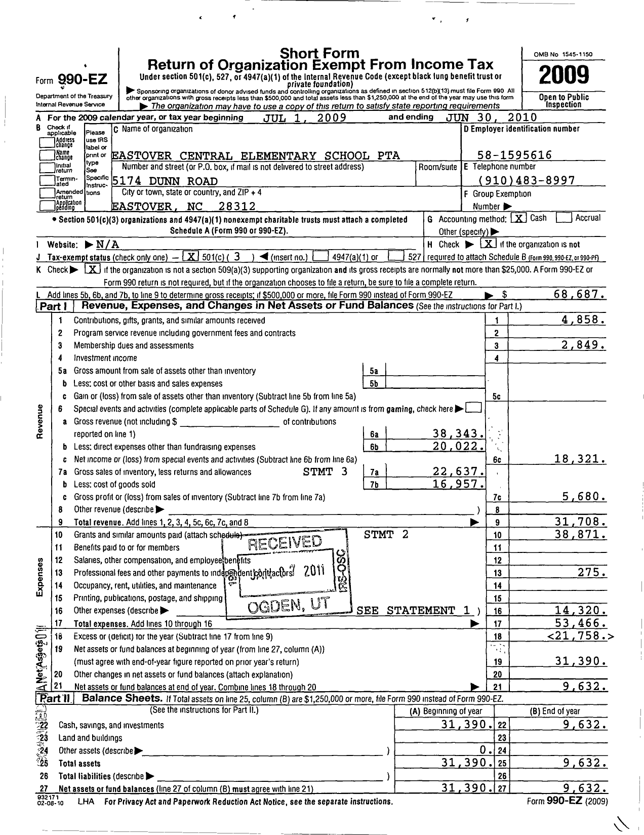 Image of first page of 2009 Form 990EZ for Eastover Central Elementary PTA