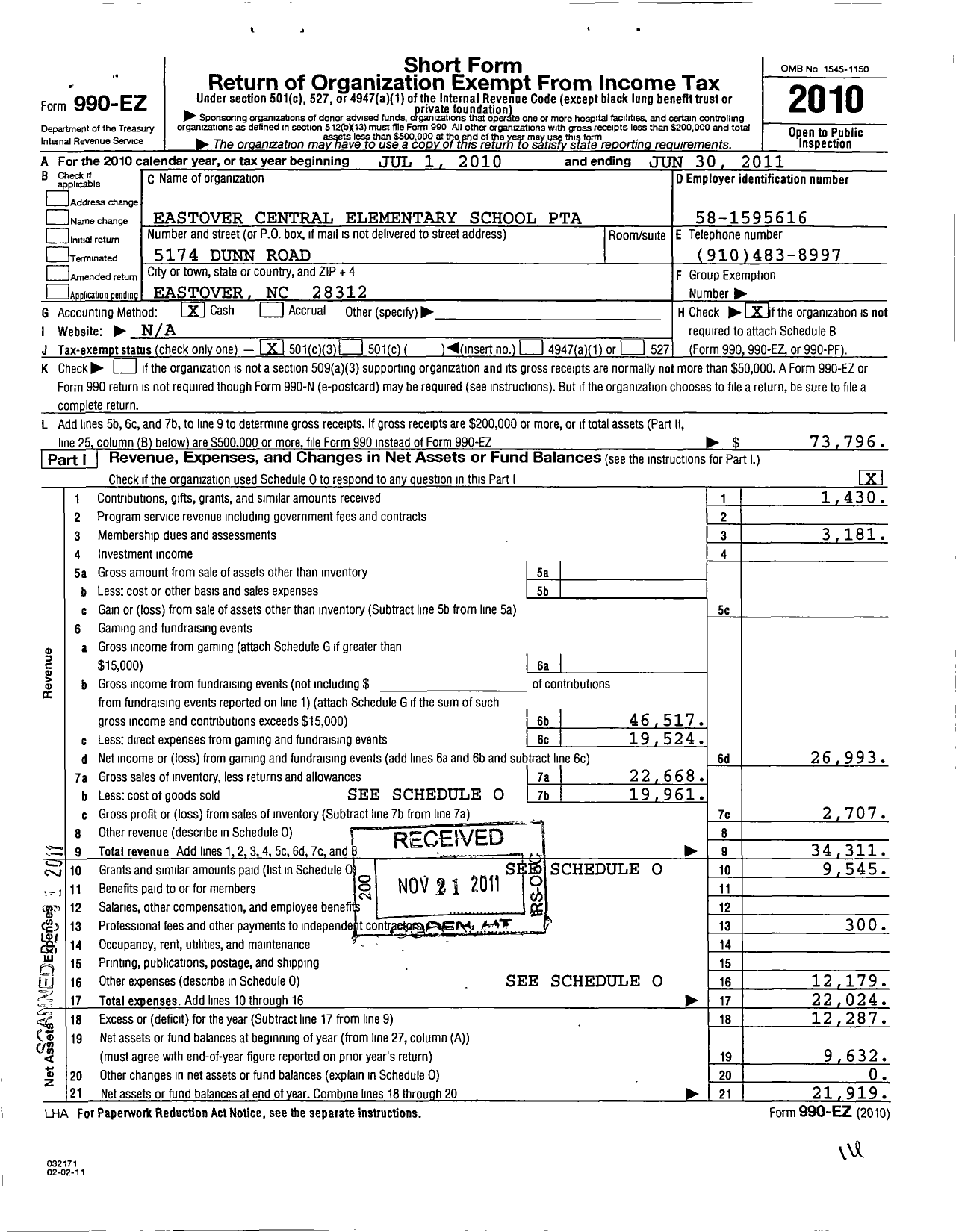 Image of first page of 2010 Form 990EZ for Eastover Central Elementary PTA