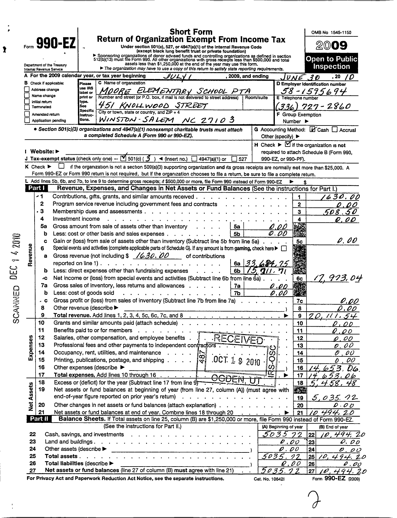 Image of first page of 2009 Form 990EZ for North Carolina PTA - Moore Magnet School PTA