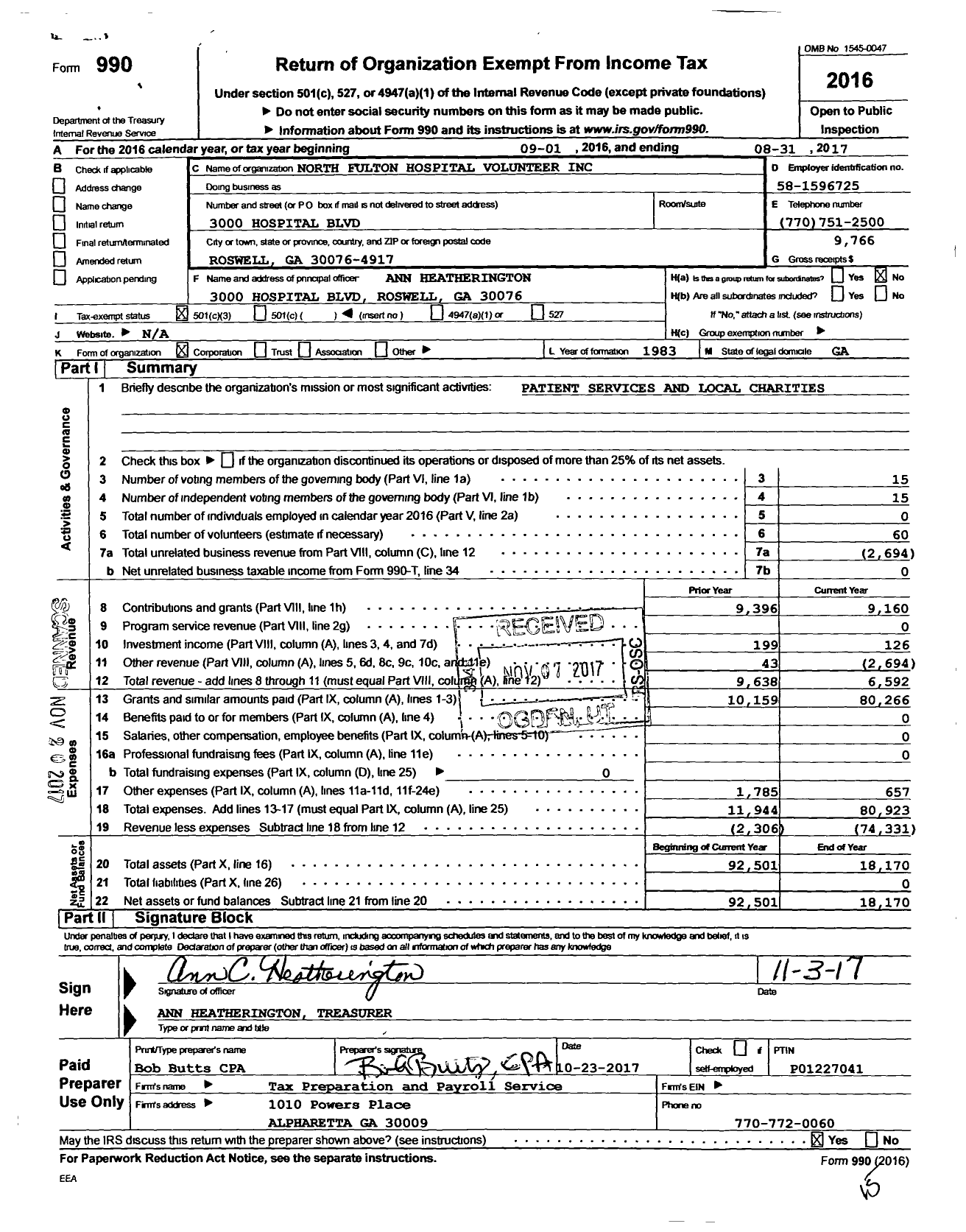 Image of first page of 2016 Form 990 for North Fulton Hospital Volunteer