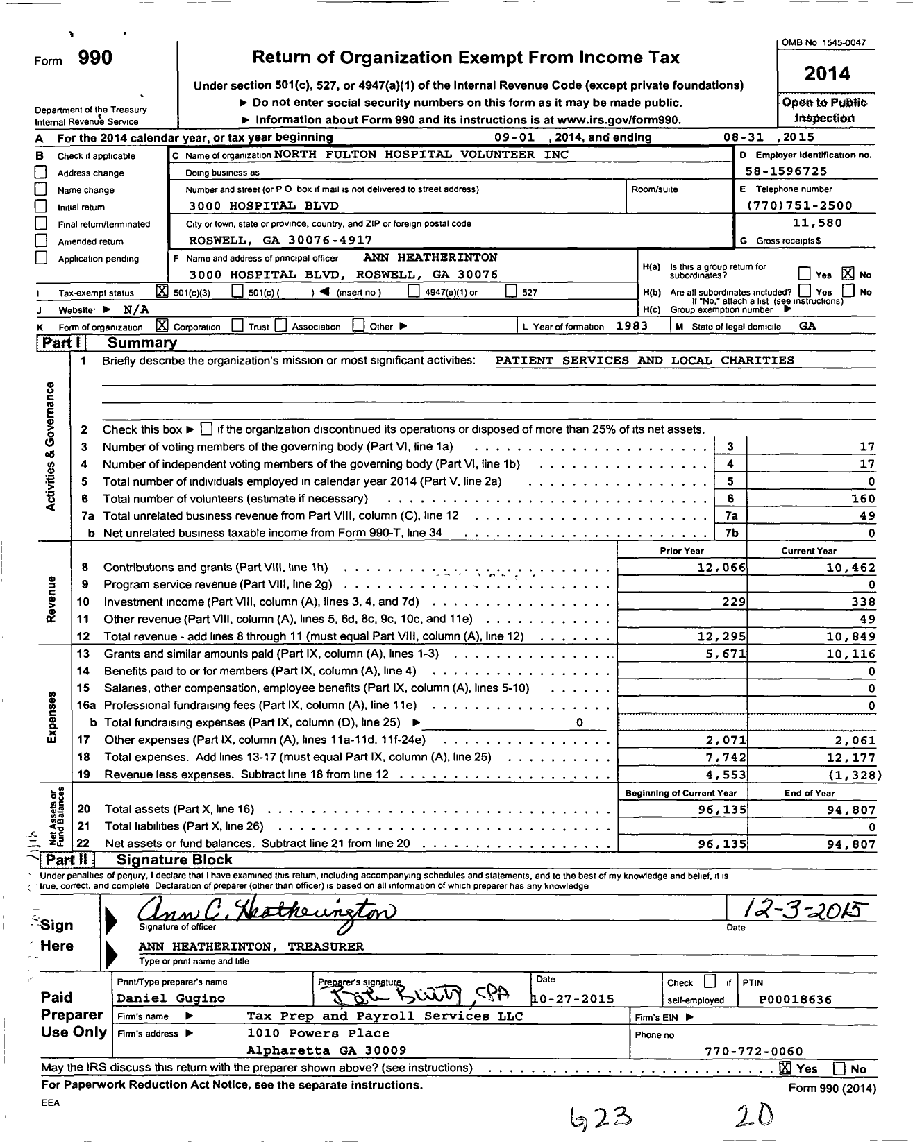 Image of first page of 2014 Form 990 for North Fulton Hospital Volunteer