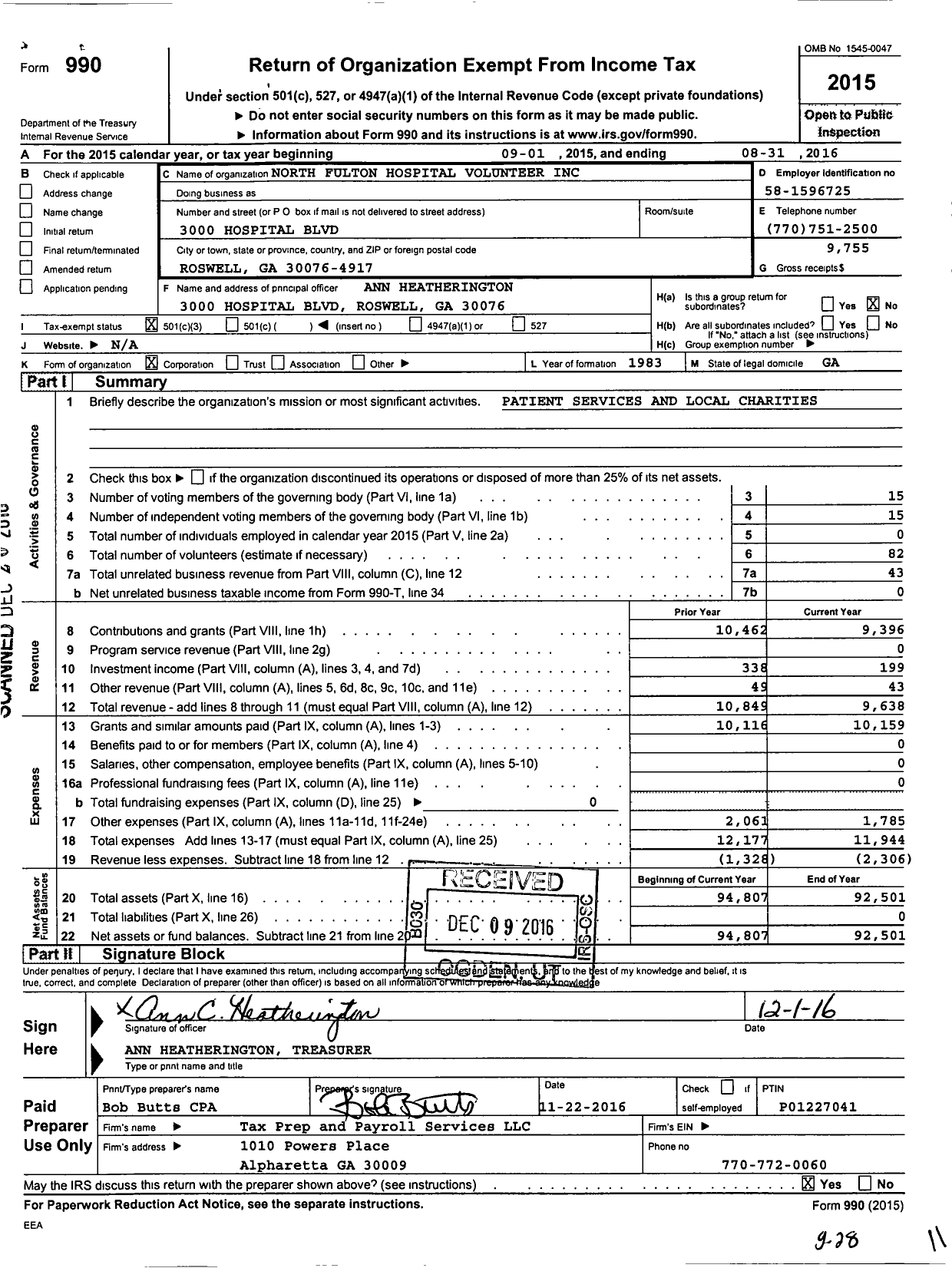 Image of first page of 2015 Form 990 for North Fulton Hospital Volunteer