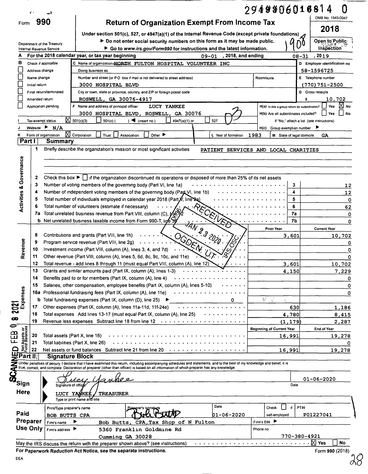 Image of first page of 2018 Form 990 for North Fulton Hospital Volunteer