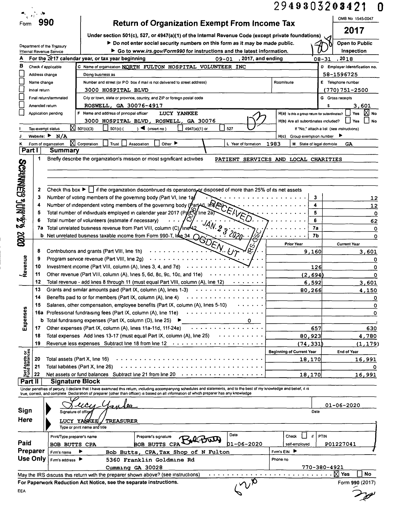 Image of first page of 2017 Form 990 for North Fulton Hospital Volunteer