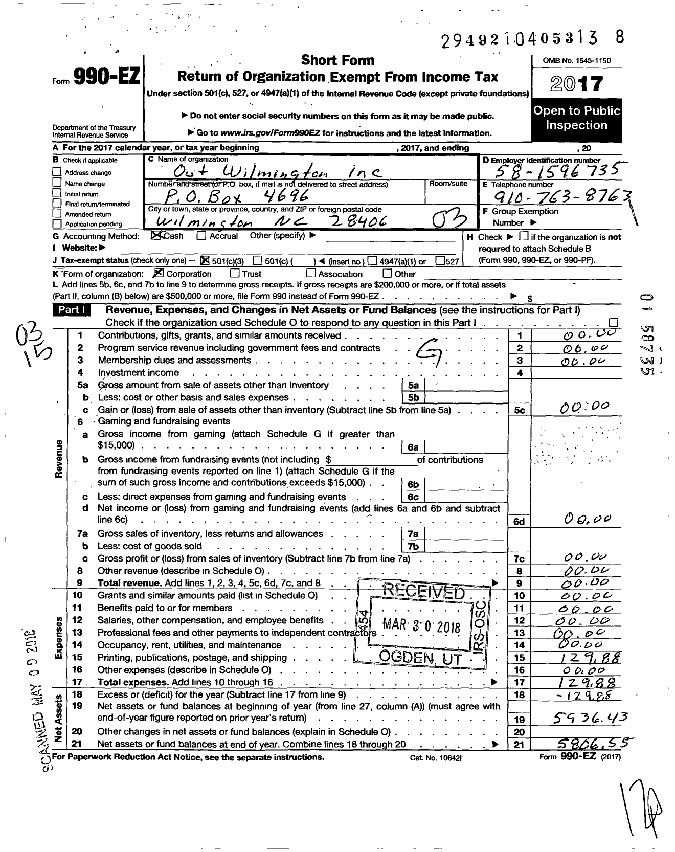 Image of first page of 2017 Form 990EZ for Out Wilmington