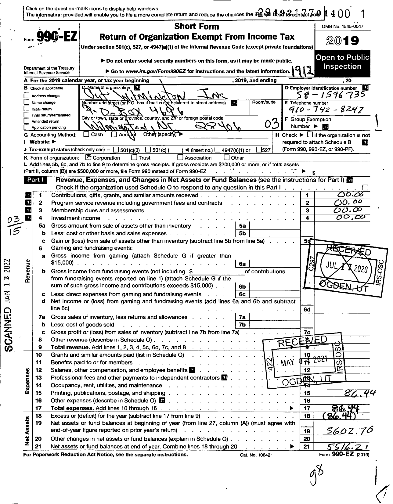 Image of first page of 2019 Form 990EZ for Out Wilmington