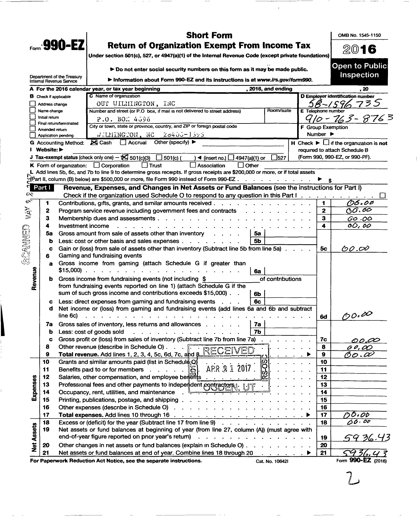 Image of first page of 2016 Form 990EZ for Out Wilmington