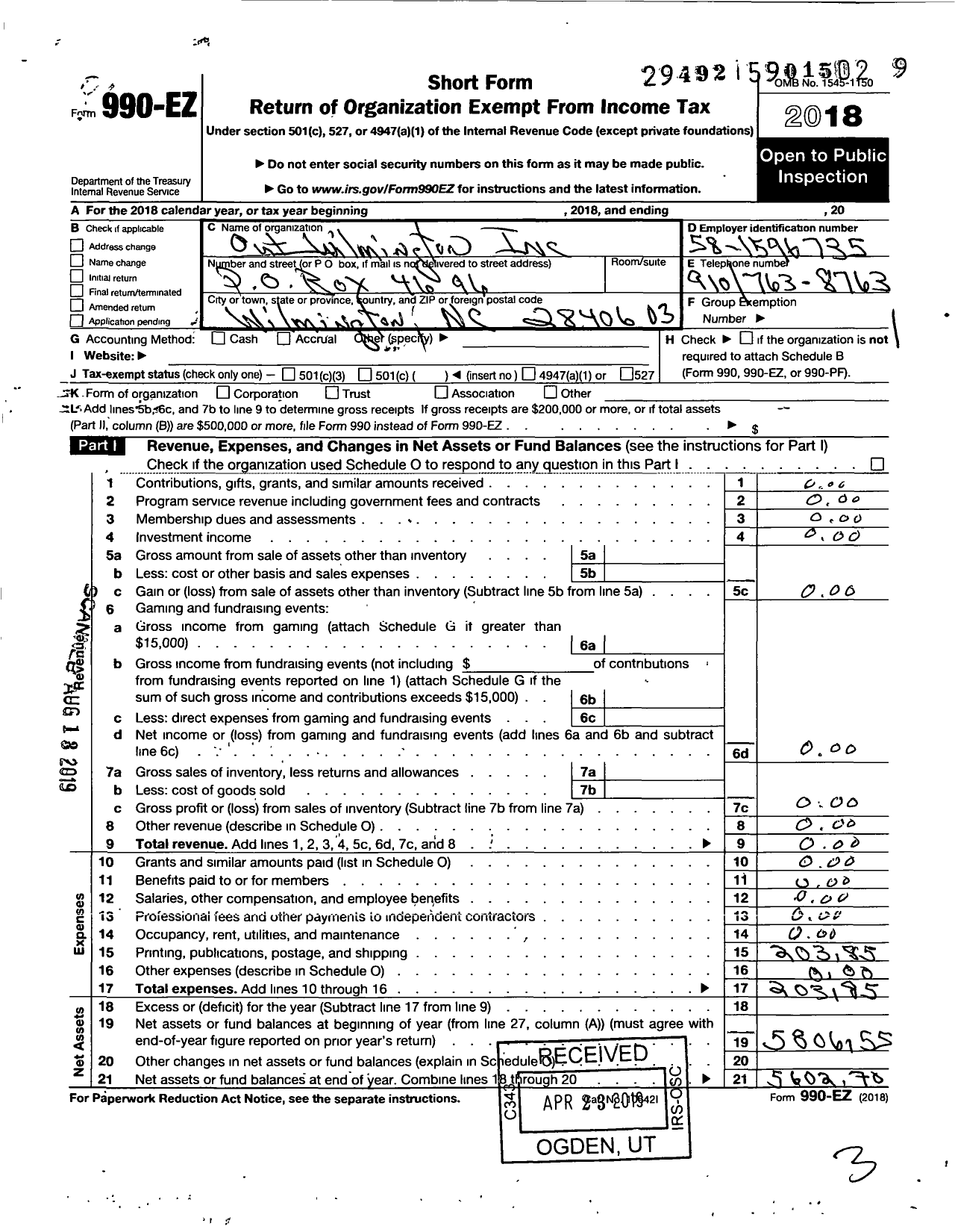 Image of first page of 2018 Form 990EZ for Out Wilmington