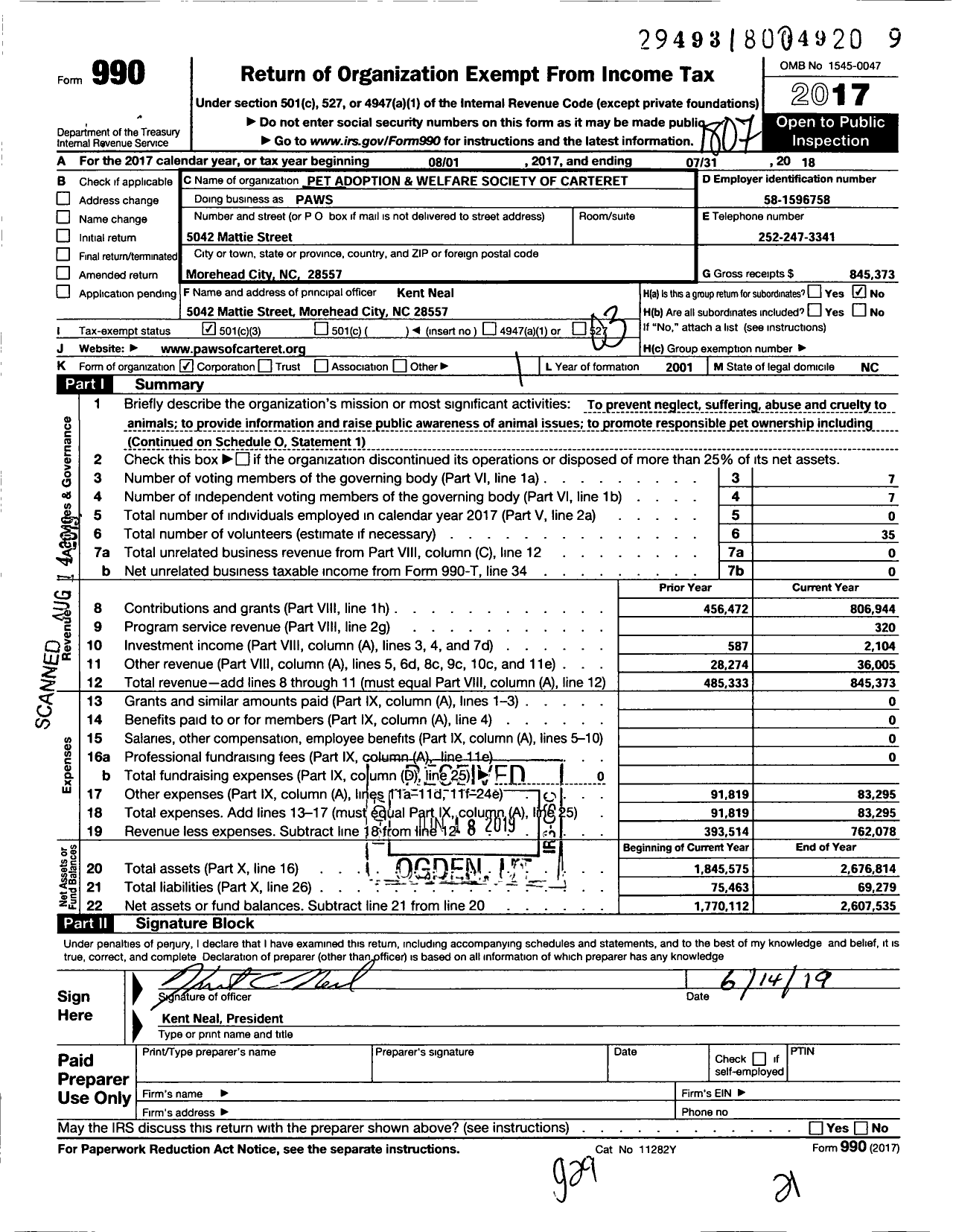 Image of first page of 2017 Form 990 for Paws / Pet Adoption & Welfare Society of Carteret