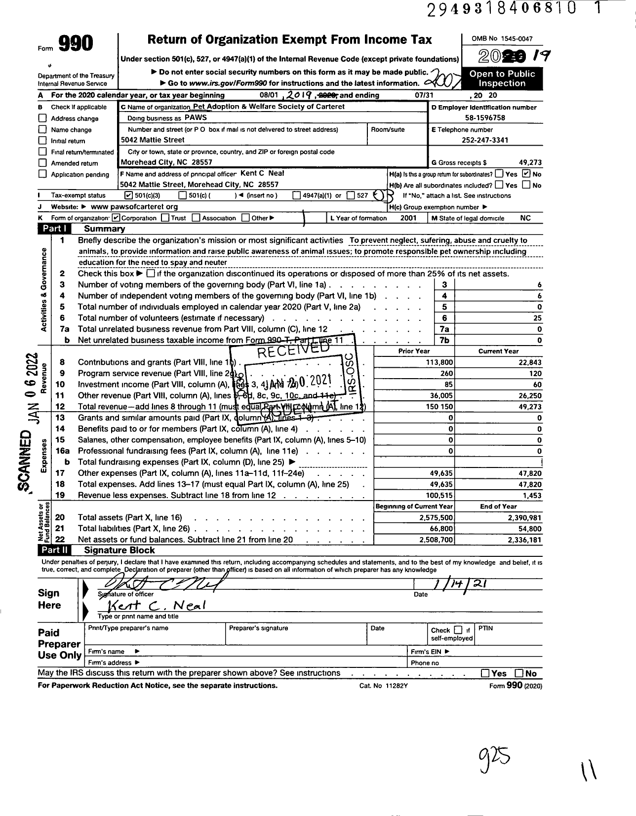 Image of first page of 2019 Form 990 for Paws / Pet Adoption & Welfare Society of Carteret