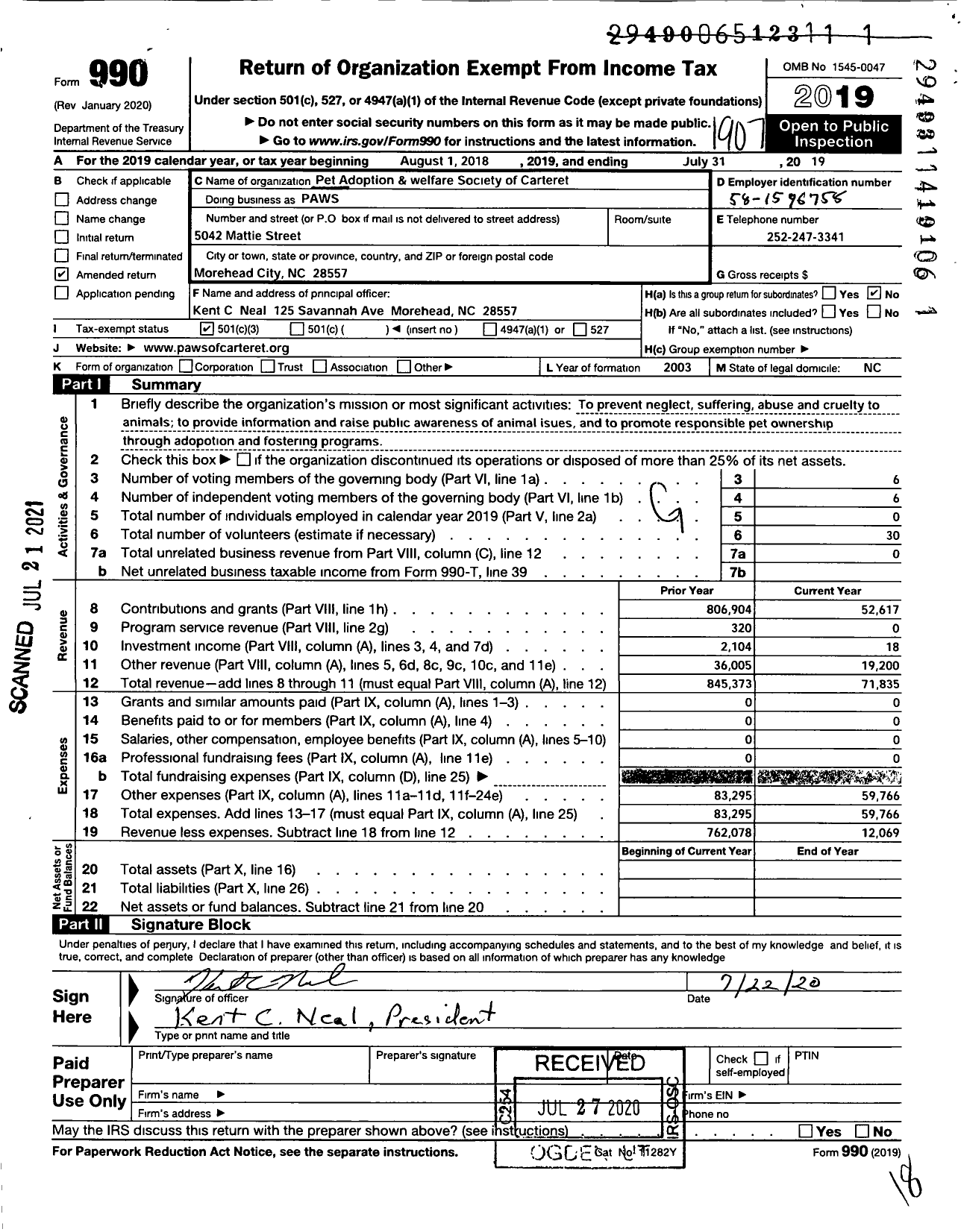 Image of first page of 2018 Form 990 for Paws / Pet Adoption & Welfare Society of Carteret