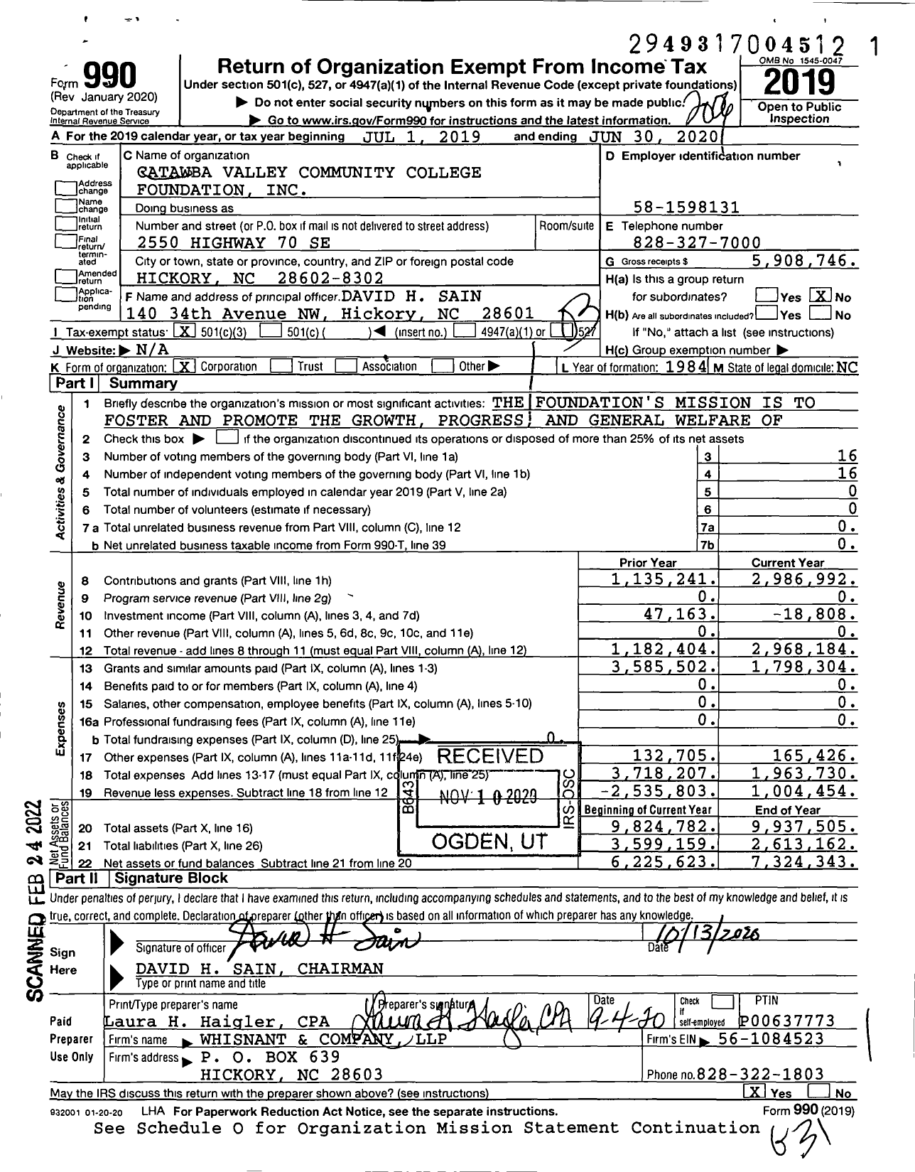 Image of first page of 2019 Form 990 for Catawba Valley Community College Foundation