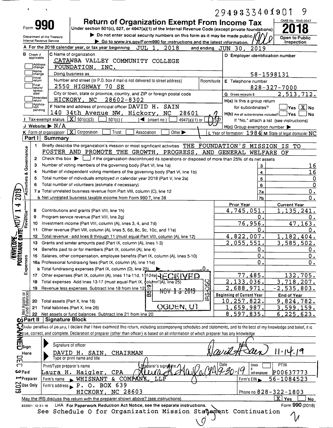 Image of first page of 2018 Form 990 for Catawba Valley Community College Foundation