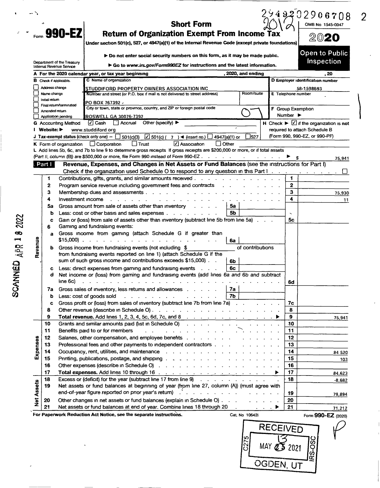 Image of first page of 2020 Form 990EO for Studdiford Property Owners Association