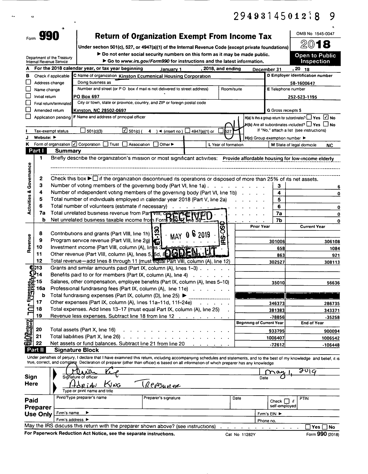 Image of first page of 2018 Form 990O for Kinston Ecumenical Housing Corporation