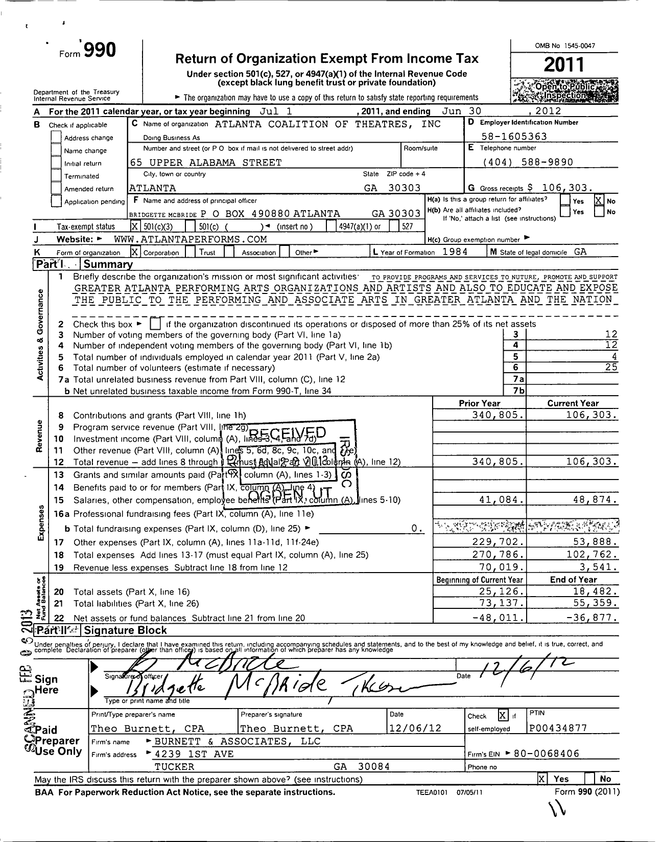 Image of first page of 2011 Form 990 for Atlanta Coalition of Theatres