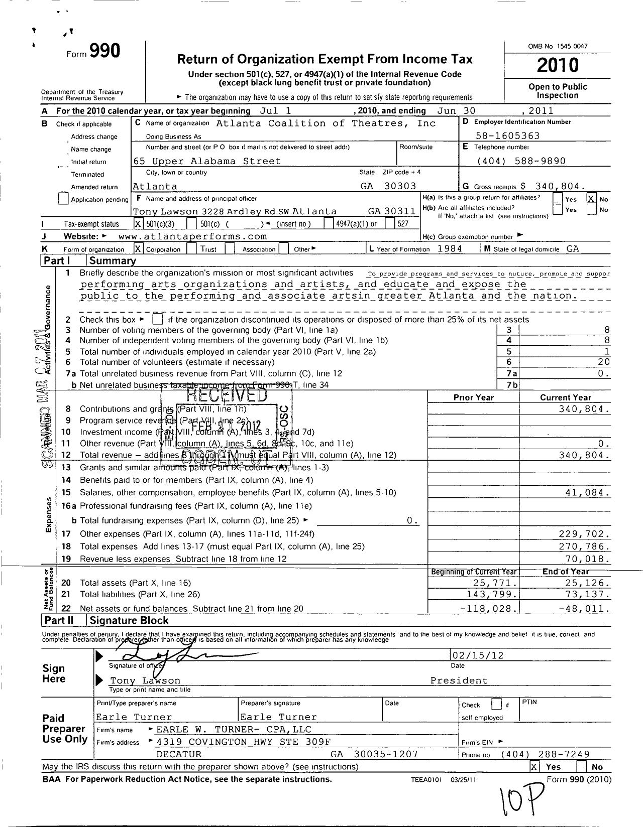 Image of first page of 2010 Form 990 for Atlanta Coalition of Theatres