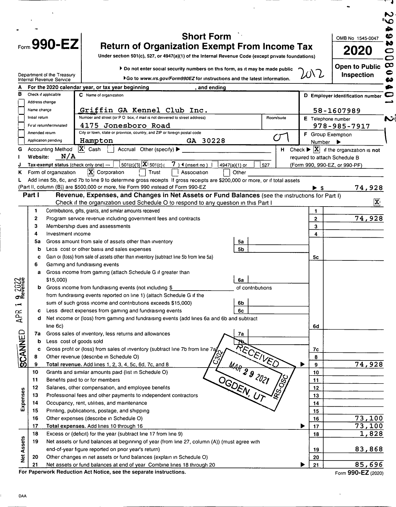 Image of first page of 2020 Form 990EO for The Griffin Georgia Kennel Club